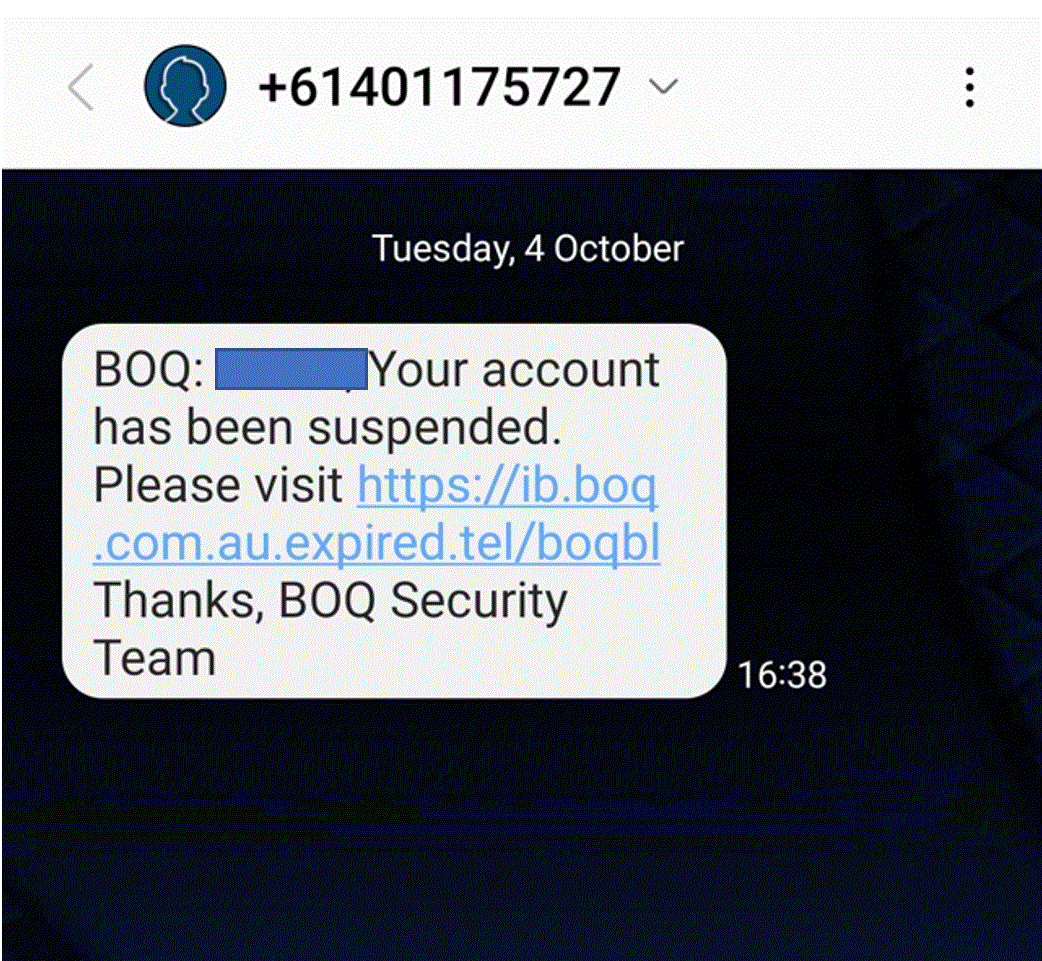 phishing scam text message sample