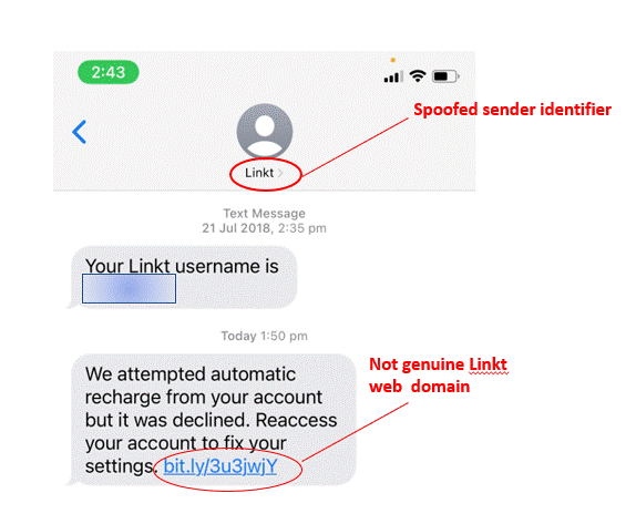 phishing scam text message sample